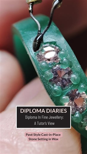 Jewellers Academy Brighton on Instagram: "Hey jewellers ✨ Welcome back to Diploma Diaries with our lovely tutor Jane. This week Jane’s experimenting with a pavé style wax ring, using cast-in-place stones. The beads are all built in wax, ready for casting, and I already know this one is going to look so good once it’s in metal 🩶 I hope you enjoy seeing Jane’s process and a little peek behind the scenes of how these rings come together. Have you ever tried cast-in-place stone setting in wax, espe