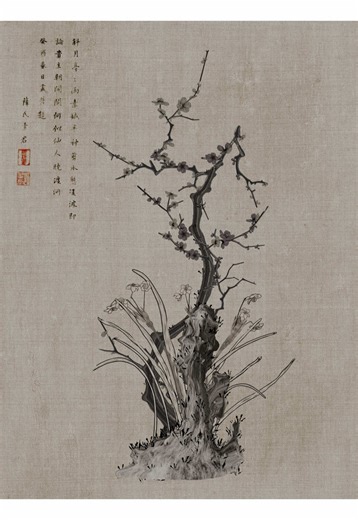 This work was inspired by a Chinese painting —Plum Blossoms and Narcissus, by the Ming Dynasty artist Xue Susu. In Chinese culture, plum blossoms brave the cold to welcome spring, while narcissus stands for purity and good fortune, it‘s also seen as a sign that double blessings are on the way. I made this with Blender, going for a Chinese ink painting style with 3D rendered to look 2D. I really wanted to bring out that quiet, elegant vibe from the original artwork. #b3d #blender #digitalart #3da
