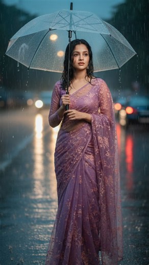 Purnima Das on Instagram: "Prompt ⬇️🌸 Create a Full-length portrait of a young woman like heroine standing on a rainy roadside. She has medium , soft, wavy black hair, partially wet and flying mildly in the rain, with visible rain droplets on her hair and glowing skin. She is wearing a purple colored floral net saree with an aesthetic, dreamy vibe, full sleeves blouse . She’s holding an open transperant big umbrella. The background shows blurred dark city lights in the rain, creating a cinemati