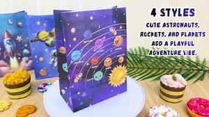 24 Pcs Astronaut Party Favor Bags with Handles - Space Galaxy Themed Solar Eclipse Goodie Gift Candy Kraft Paper Bags for Kids Birthday Party Supplies Decorations