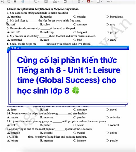 Ôn Tập Tiếng Anh 8: Thời Gian Rảnh Rỗi