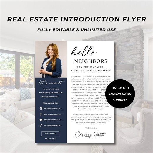 Real Estate Agent Introduction Flyer, Hello Neighbor Letter, New Agent, Real Estate Marketing, Editable Template, Realtor, Farming, Canva, - Etsy