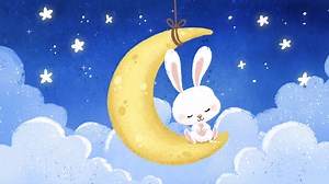 Adorable rabbit sitting on the moon surrounded by stars and clouds that is sleeping peacefully