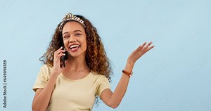 Studio woman, happy phone call and gesture at advertising news, communication promo or networking logo design. Mockup space, smartphone offer and person talking, speaking and chat on blue background