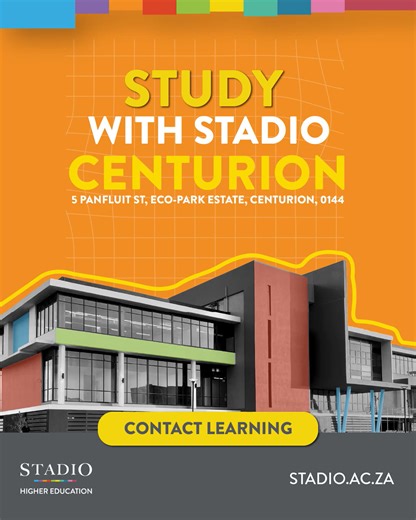 STADIO Higher Education on Instagram: "Your Future. Your Campus. Your Time. STADIO Centurion is now accepting 2026 contact learning applications! Explore dynamic fields like: 👗 Fashion 💻 IT 🍎 Teaching ⚖️ Law 💼 Commerce Start strong. Stay ahead. Succeed on your terms. 👉 Register today - the future won’t wait. #STADIOCenturion #NgenaSTADIO #ANewVision #STADIOHigherEducation"