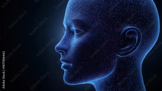 Digital female profile portrait with starry skin and glowing blue contour. ethereal humanoid face