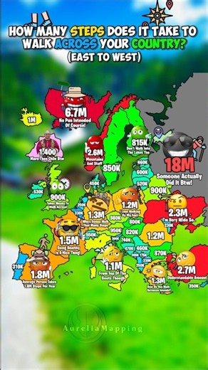 How many steps does it take to walk across your country? 🚶‍♂️🗺️ #mapping #countryballs #shorts #maps