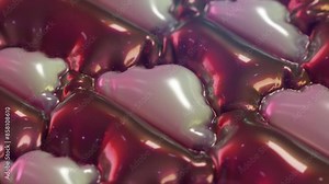 A close-up 3D animation of metallic, iridescent, inflated cloud shapes in a seamless pattern, reflecting vibrant colors.