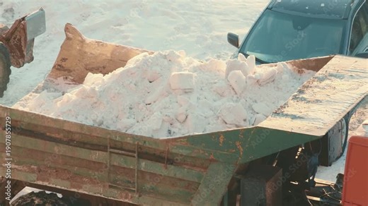 Excavator bucket loading snow into truck bed for winter cleanup. Snow removal process with heavy machinery. Preparation for road clearing during cold weather.
