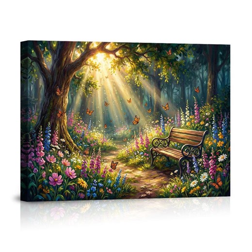 Enchanted Forest Bench With Sunbeams and Butterflies Canvas Wall Art, Magical Whimsical Garden Poster for Home Decor - Etsy