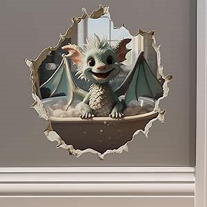 Dragon in Bathtub in Wall Hole Decal - Mouse Hole 3D Wall Sticker