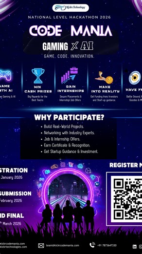 Kickr Technology (Edu) on Instagram: "Gearing up for Code Mania 2026! 🚀 Ready to innovate at the intersection of Gaming x AI. Let’s do this! 🧠🎮 Don’t miss out! 🚨 Registration for Code Mania Hackathon 2026 is officially live. 👉Click the link in bio to secure your spot! • Tick tock ⏳ You have until Jan 30th to register for the ultimate Gaming x AI Hackathon. Assemble your squad and sign up today Don’t let this opportunity slide.#CodeMania2026 #kickrcodemania #hackathon #kickrtechnology"