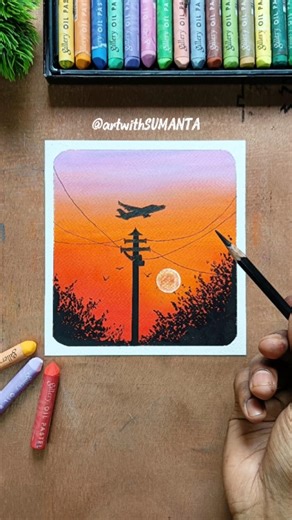 🔥✈️Airplane Sunset: Oil Pastel Drawing #oilpastel #sunset #painting #shorts