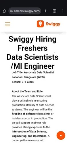 Swiggy Hiring Freshers Data Scientist Job 2025 | 0–1 Year | Bangalore | Full Job Details