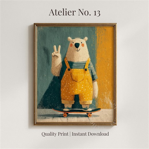 Cute Bear on Skateboard Poster, Playful Printable Art, Retro Textured Kid's Wall Decor, Modern Bright Color Block Digital Download 229 - Etsy