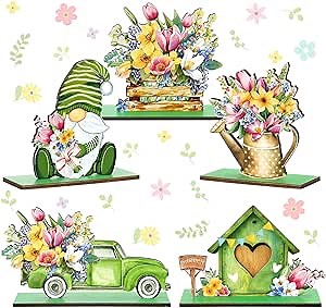 Barydat 5 Pcs Spring Table Decorations Spring Wooden Table Centerpiece Flower Gnome Table Signs Farmhouse Spring Wood Tabletop Decor for Spring Easter Party Holidays Table Home Decor