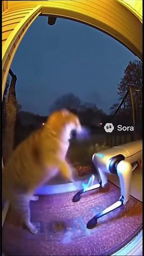 「猫VS四足歩行ロボ！守るべき場所は譲らない🐾」#猫の勇姿#猫vsロボット#四足歩行ロボ#AI映像#Sora映像#猫最強説#番猫#未来の猫#オープンAI#猫動画#猫バトル#感動映像#守る猫