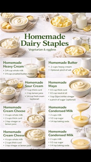HOMEMADE DAIRY STAPLES (VEGETARIAN & EGGLESS) 🥛🧈 Heavy Cream • Butter • Sour Cream • Mayo (Eggless) • Cream Cheese • Condensed Milk 💾 Save this post 📤 Share with home bakers 💬 Comment “DAIRY” if you want part-2 (paneer, buttermilk, ghee etc.) 👩‍🍳 Follow @kanikacookingclass 1) HOMEMADE HEAVY CREAM INGREDIENTS • ¾ cup whole milk • ¼ cup unsalted butter (melted) METHOD 1. Melt butter and let it cool slightly (warm, not hot). 2. Blend milk melted butter for 30–40 seconds until smooth. 3. Use