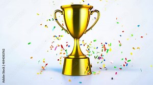 Gold trophy and confetti falling. Confetti cup winning animation. Awards and achievements 4K video motion graphic. Sport competition. Falling confetti trophy. Be the winner color animated victory