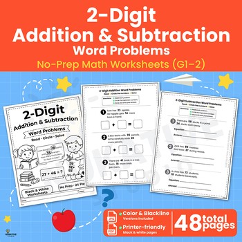 2-Digit Addition & Subtraction Word Problems | No-Prep Math Worksheets (G1–2).