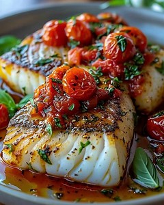 Pan-Seared Mediterranean Cod in Tomato Basil Sauce Ingredients: 4 cod fillets 2 tablespoons olive oil 1 onion, finely chopped 3 cloves garlic, minced 2 cups cherry tomatoes, halved 1 can (14.5 oz) diced tomatoes 1/2 cup fresh basil leaves, chopped 1/4 cup dry white wine Salt and pepper to taste Lemon wedges for serving Directions: Season the cod fillets with salt and pepper. Heat 1 tablespoon of olive oil in a large skillet over medium-high heat. Add the cod fillets and cook for 3-4 minutes on e