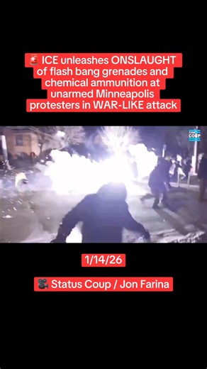 MeidasTouch on Instagram: "BREAKING: ICE unleashes ONSLAUGHT of flash bang grenades and chemical ammunition at unarmed Minneapolis protesters in war-like attack. Several protesters struck. @statuscoup's reporter Zach Roberts struck in the head. "I got hit in the head really bad.""