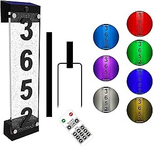 Solar House Numbers for Outside, Acrylics Solar Address Sign with Iron Stakes, Waterproof RGBW Color Changing Remote Control, Lighted Modern Address Plaque Solar Powered for Street Yard Home