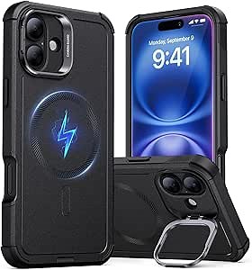 ESR for iPhone 16 Case with Stash Stand, Camera Control, 23FT Military-Grade Shock-Absorbing Drop Protection, Compatible with MagSafe Accessories, Magnetic Cyber Series, Black