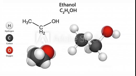 Structural chemical formula and molecular structure of Ethanol (drinking alcohol). Formula: C2H6O or C2H5OH. Chemical structure model: Ball and Stick + Space-Filling. 3D render. White background