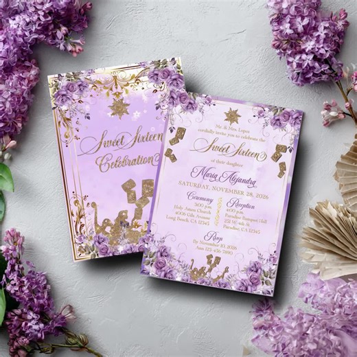 Sweet 16 Invitation Tangled Lilac and Gold, Sweet Sixteen Invitation, Tangled Lattern, Rapunzel Invitation, Princess Invitation - Etsy