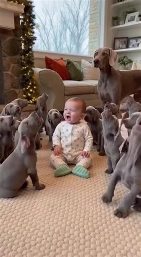 Baby vs 15 Weimaraner Puppies — The Cutest Barking Battle Ever 😂🐾#foryou BabyAndDogs #WeimaranerPupp