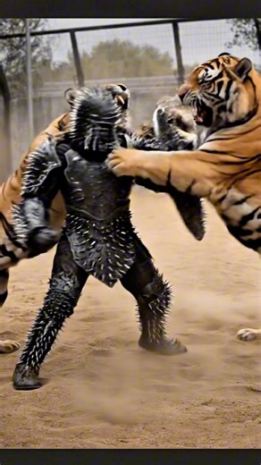 hyper-realistic cinematic scene . In a sandy animal enclosure, two powerful Bengal tigers suddenly leap forward toward a man wearing a full-body metallic spike armor suit. The tigers jump aggressively, biting and clawing at the metal armor, their muscles flexing and jaws snapping. The man reacts defensively, bracing himself, blocking attacks with his spiked arms and pushing the tigers away using controlled movements. Dust rises from the ground, intense slow-motion moments mixed with real-time ac