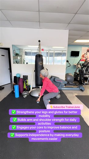🏋️‍♀️ Narrow Squat Bicep Curl Press (6–8 lbs, 20–25 reps) This simple but powerful exercise: ✅ Strengthens your legs and glutes for better mobility ✅ Builds arm and shoulder strength for daily activities ✅ Engages your core to improve balance and posture ✅ Supports independence by making everyday movements easier 💡 Tip: Keep your knees soft, core engaged, and press the weights steadily—form matters more than speed. ✨ Want more 50 friendly workouts? Join my subscription program for weekly exerc