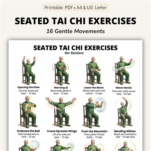Sitzende Tai Chi-Übungen für Senioren als druckbare Tabelle, 16 sanfte Tai Chi-Übungen, Stuhl Tai Chi-Routine Poster zum Ausdrucken - Etsy.de