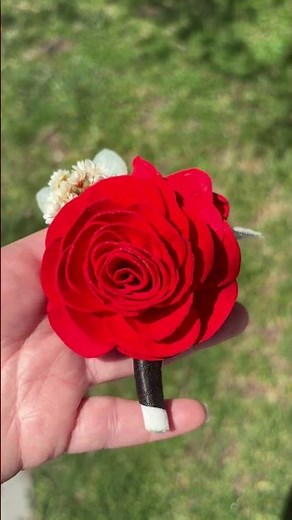 Wood Flowers in bright red. Wrist corsage and boutonnière #prom