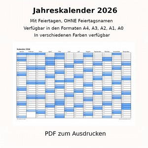 2026年 年間カレンダー（祝日名なし、祝日付き） | PDF | A4 A3 A2 A1 A0 横向きフォーマット | ドイツ語 - Etsy 日本