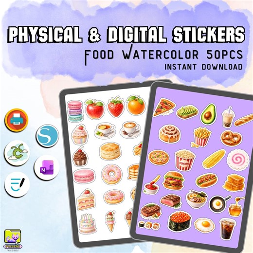 Food Watercolor Printable & Digital Stickers 50 Pcs, PNG, JPG, Onenote, Goodnotes, Ipad, Android, for Planners and Journaling Stickers - Etsy