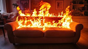 A couch that is on fire in a living room