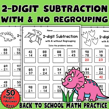 Back to School Dino 2 Digit Subtraction Worksheets With&No Regrouping Within 100
