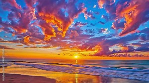 Colorful sunset over ocean, colorful clouds, beautiful horizon line