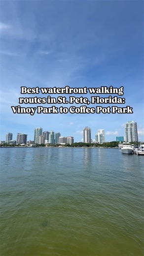 I Love The Burg - St. Pete on Instagram: "The best waterfront walking spots in St. Pete, Florida 🚶☀️ 🌳Vinoy Park to Coffee Pot Park - come take a virtual walk with us 💕 The path is about 2.1 miles in length, or 4.2 miles roundtrip. 👣 🏞️ There are cute benches with great views, trees to provide shade, the Snell Bridge provies a stellar view, and the North Shore Park volleyball players put on sports clinics on the regular. 🦏 Pay your respects to the coffee pot rhino, say hey to some pelicans