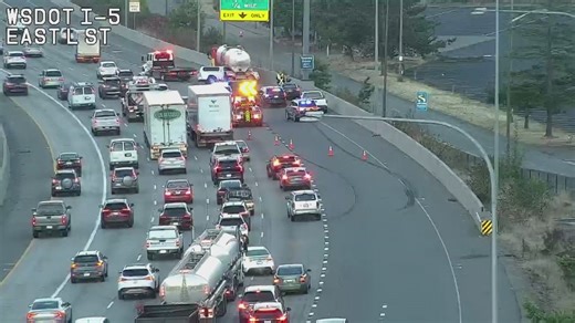I-5 southbound traffic in Tacoma snarled after tanker truck collision closes multiple lanes