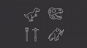 Animated extinct animals white icons. Prehistoric time line animation library. Paleontology. Ancient creatures. Isolated illustrations on dark background. Transition alpha. HD video. Icon pack