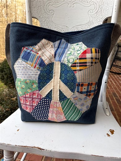 Patchwork Peace Sign Tote Bag | Upcycled Denim Market Bag, Boho Style - Etsy