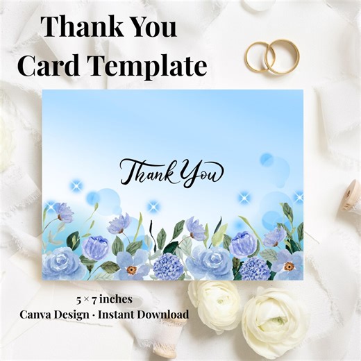 Blue Floral Thank You Card Template 5x7, Editable Canva Template, Watercolor Flower Design, Printable Thank You Note, Small Business Insert - Etsy