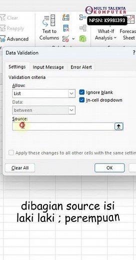 Cara membuat drop down list di Excel #belajarkomputer #tutorialkomputer #belajarexcel