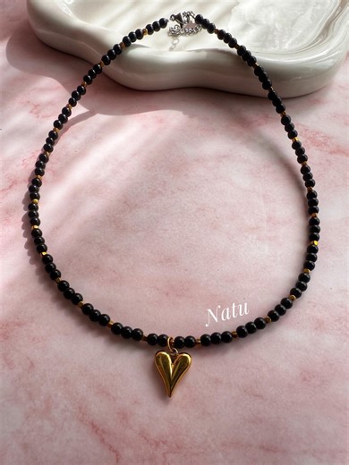 Onyx Hematite Beaded Choker - Gold Heart Pendant Protection Necklace - Etsy