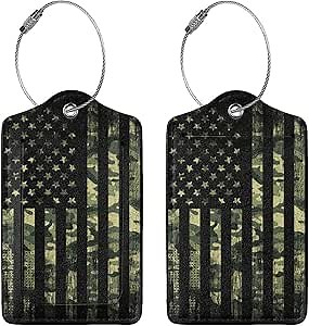 2 Pcs Camouflage American Flag Luggage Tag for Suitcase, 4th of July Decorations Camo US Flag Patriotic Decor Party Birthday Gifts Men Women, Identifiers Privacy Cover ID Label with Steel Loop