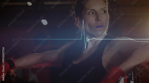 Female boxer leaning on ropes in boxing corner, ECG spike aligning with face causing refocus