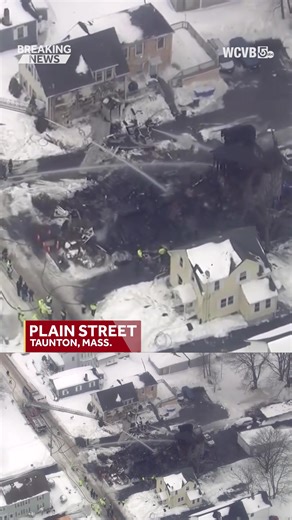 A mother and her 2-year-old child were rushed to hospitals after an explosion and inferno that utterly destroyed their multi-family home. Sky5 flew over the neighborhood and saw the devastation. Details: https://www.wcvb.com/article/taunton-house-fire-multiple-injured/70495627 #Taunton #Massachusetts #breakingnews #explosion | WCVB Channel 5 Boston